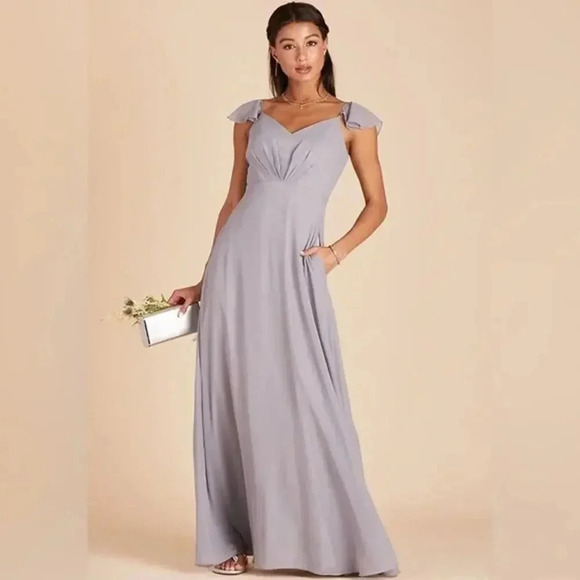 NWT Birdy Grey Kae Bridesmaid Dress Ruffled Flutter Sleeve Chiffon Silver Medium - Picture 2 of 5